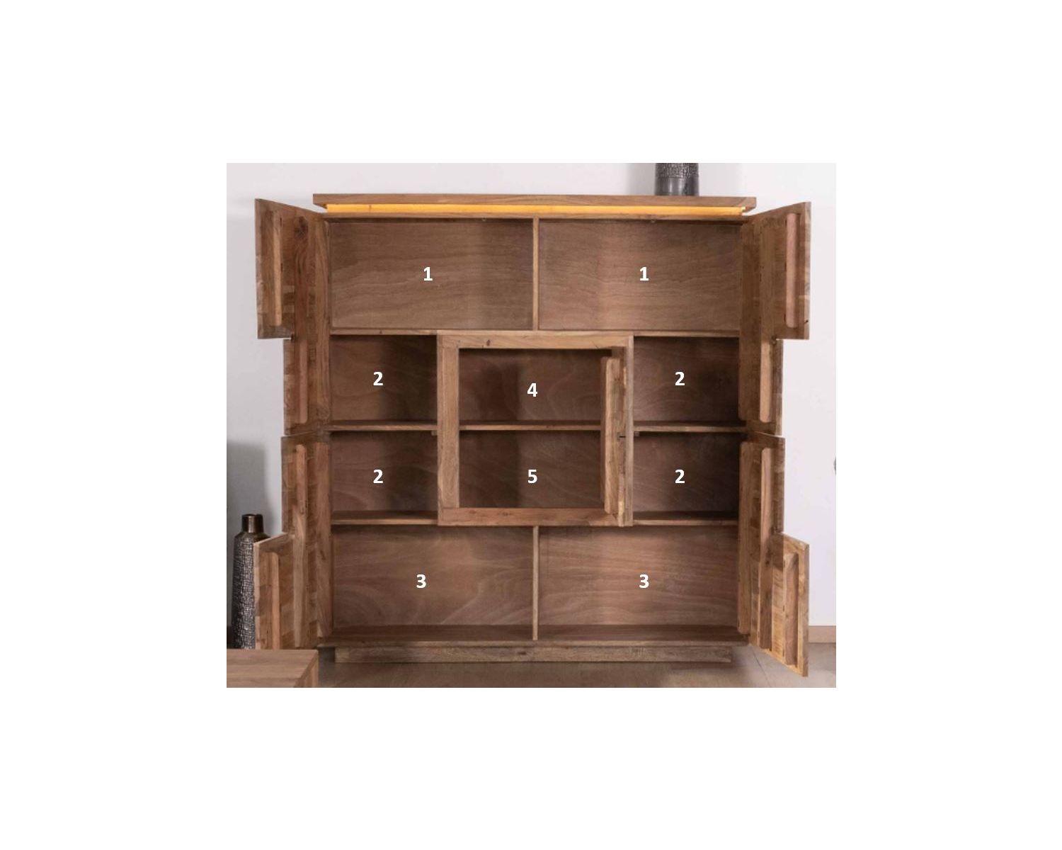 Buffet haut avec éclairage LED en acacia massif et placage pierre "Paguera"