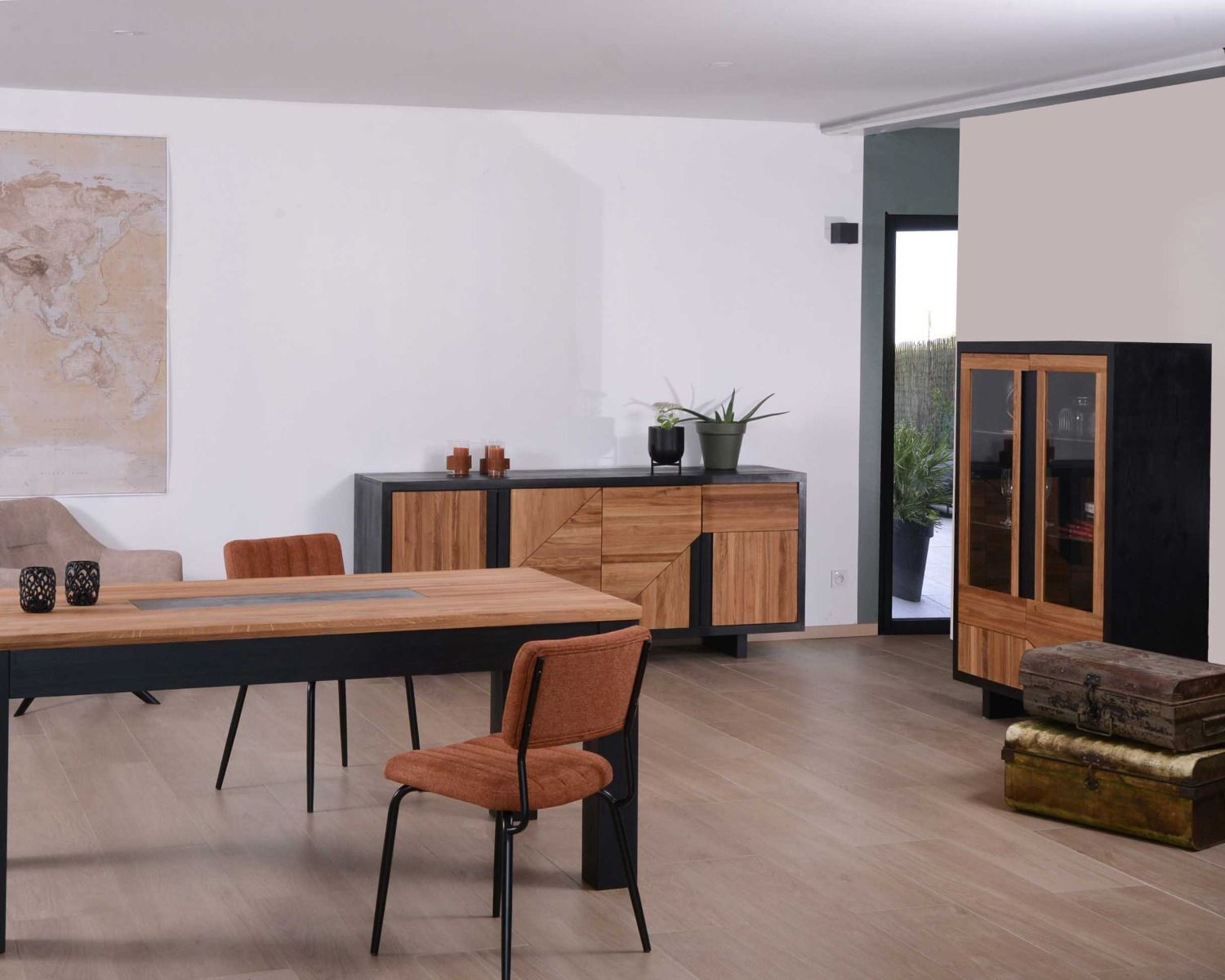 Bahut contemporain bicolore en bois massif 3 portes et 1 tiroir "Flix"