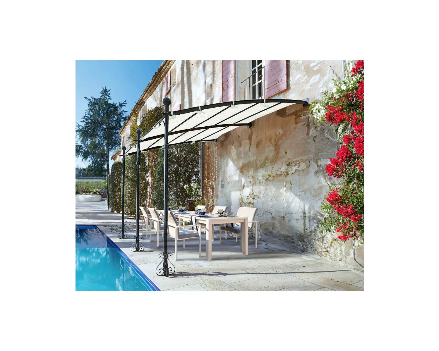 Pergola murale 3 pieds en métal et toit arrondi "Gardénia" 3m60 x 3m