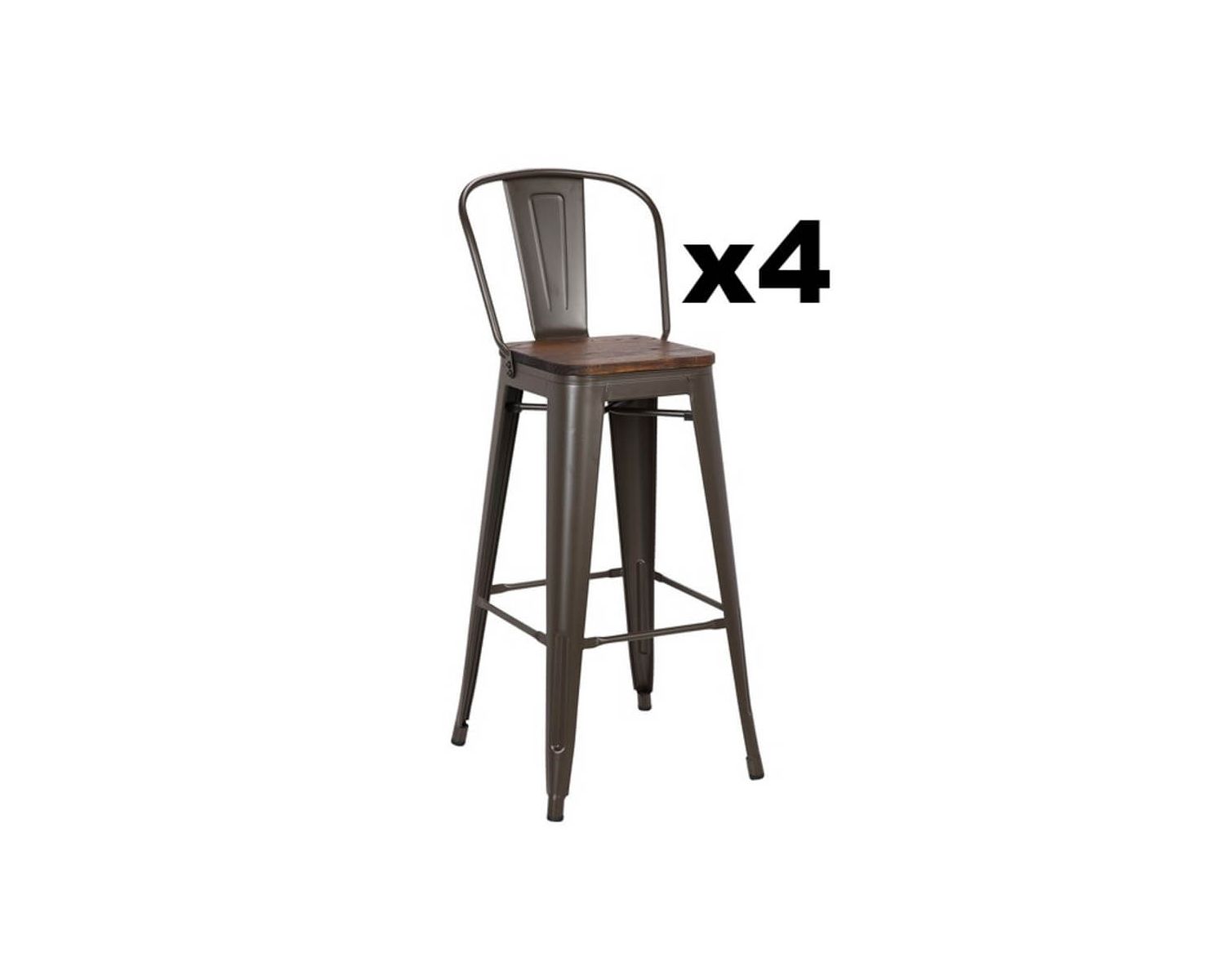 Lot de 4 chaises de bar industrielles métal gris assise bois "Osaca"