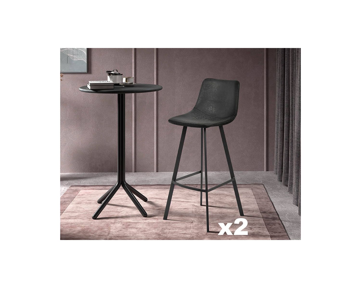 Lot de 2 chaises de bar noires "For" esprit vintage PU et métal