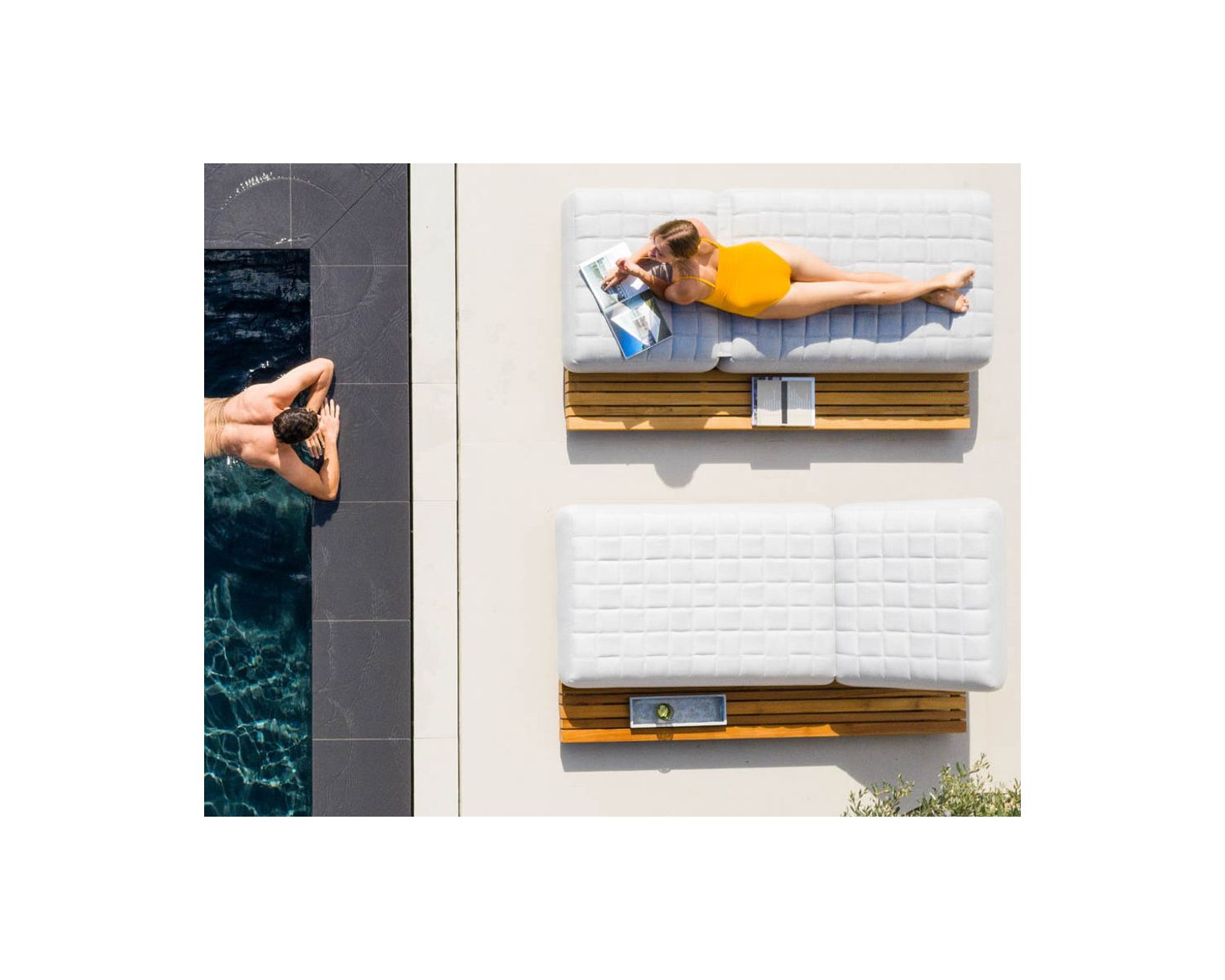 Chaise longue ultra confort teck tissu Sunbrella blanc cassé "Lombok"