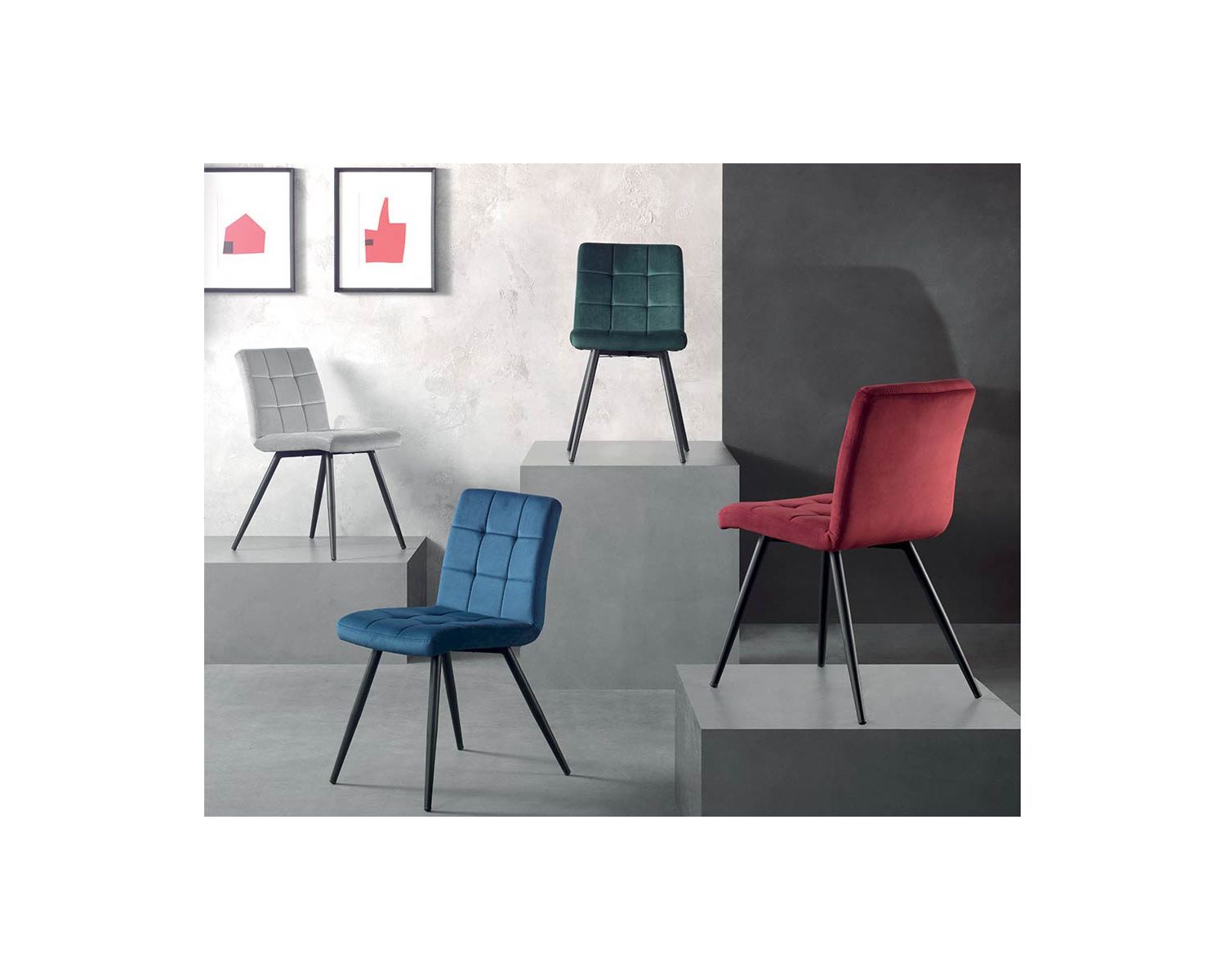 Lot de 4 chaises noires et bleues tissu métal esprit vintage "Sando"