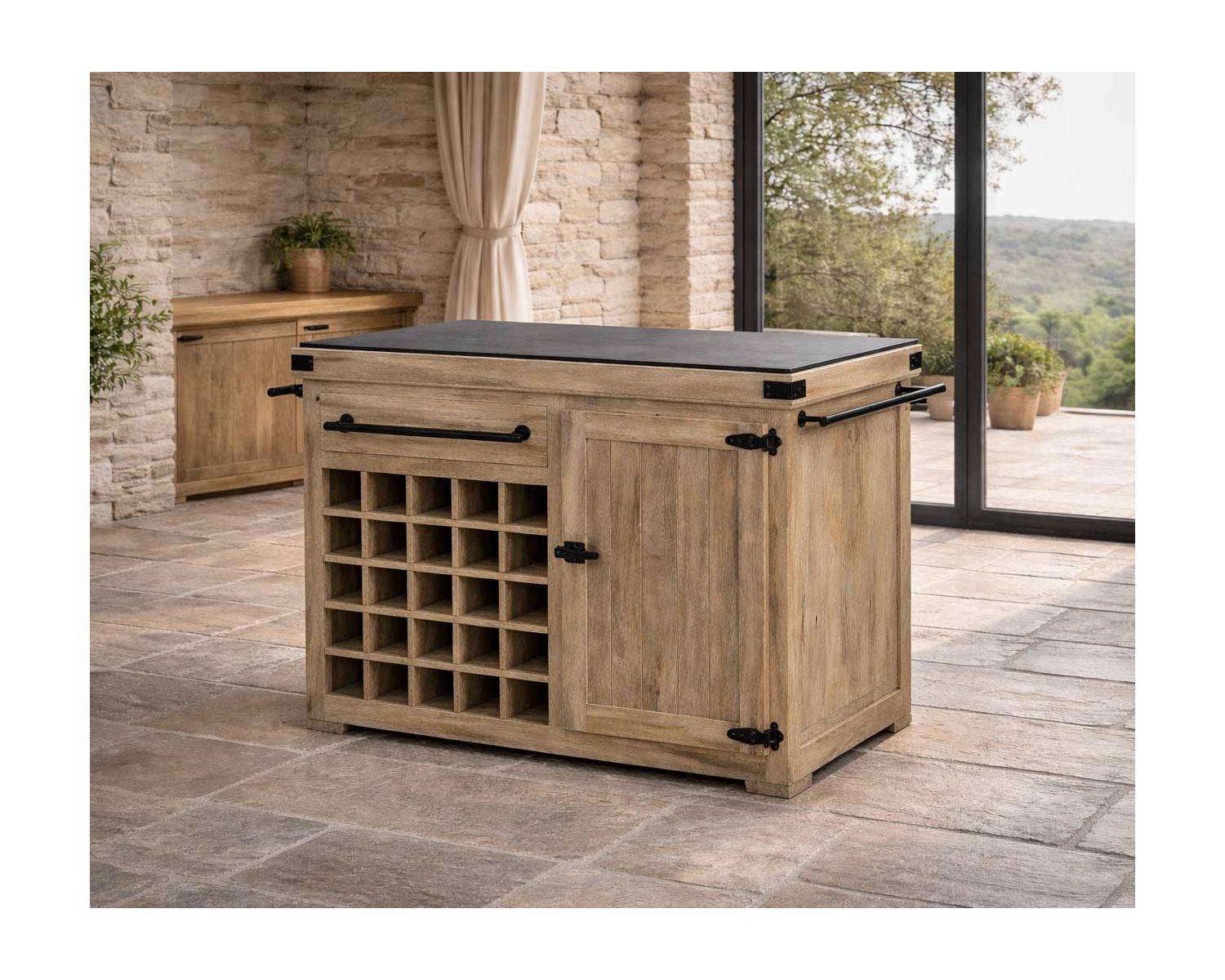 Billot de cuisine bois massif "Grand Chef" 115cm plateau pierre