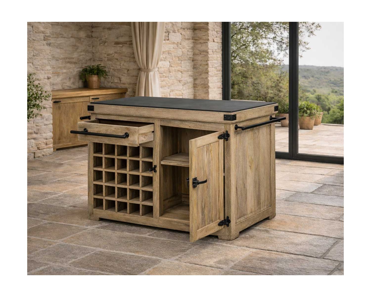 Billot de cuisine bois massif "Grand Chef" 115cm plateau pierre