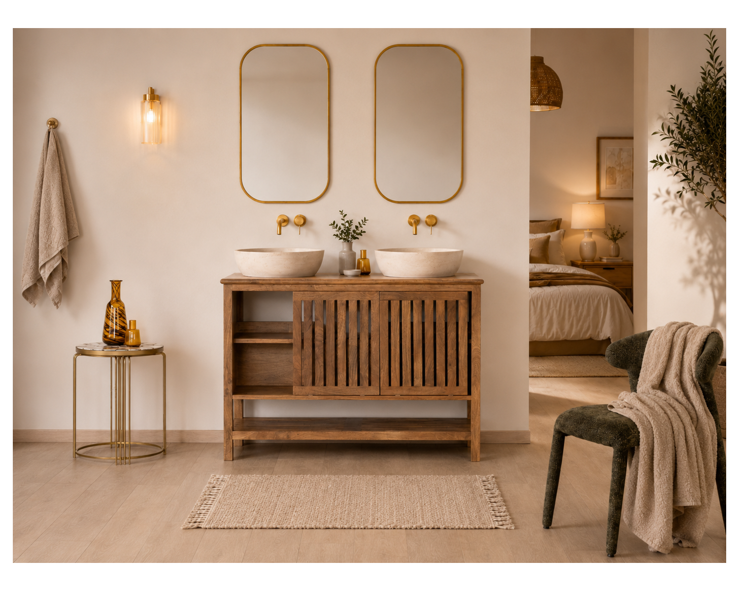 Meuble sous vasque 120 cm avec portes coulissantes "Bulle" en manguier teinte noyer