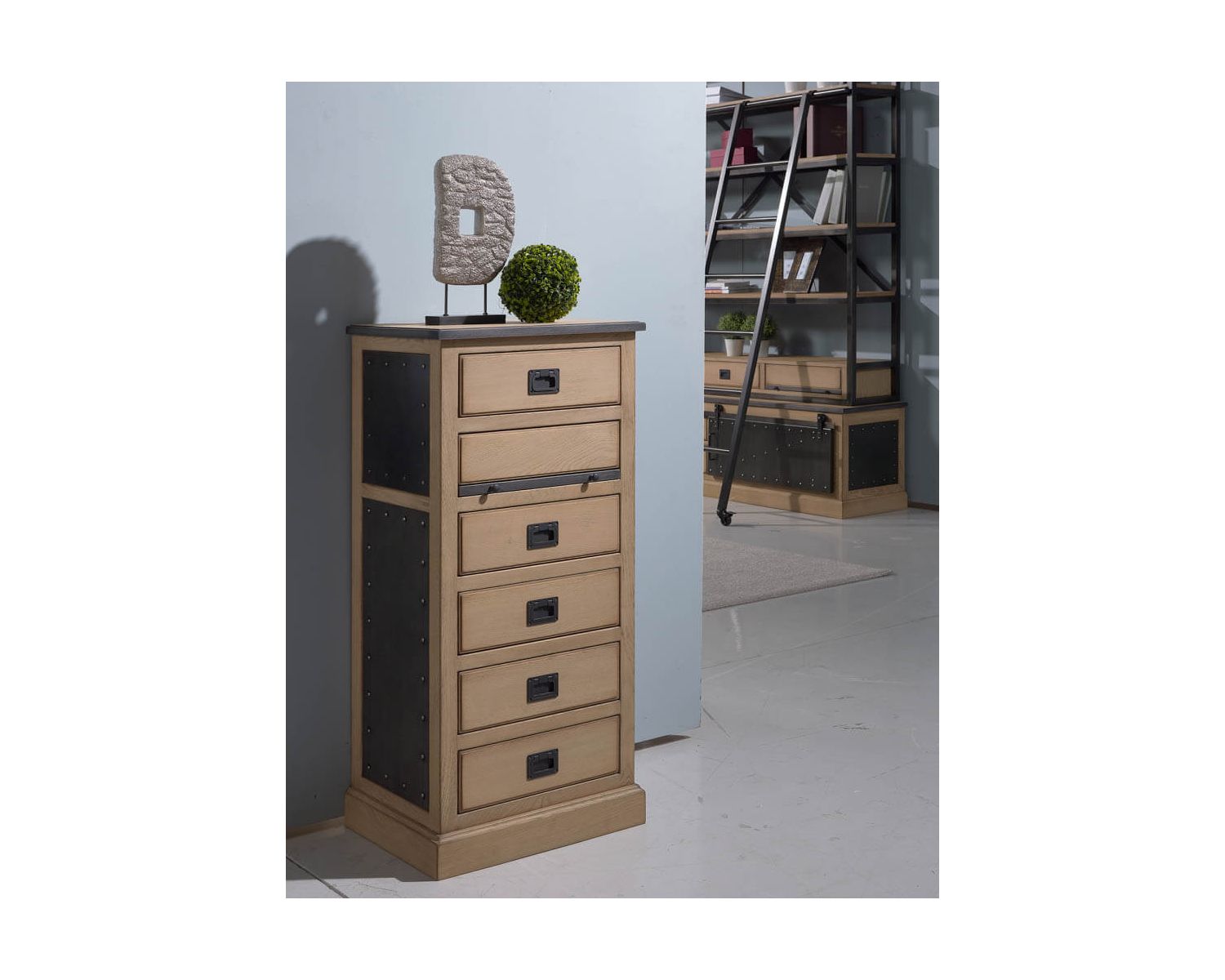 Chiffonnier-bureau indus' chic métal et chêne massif "San Francisco"