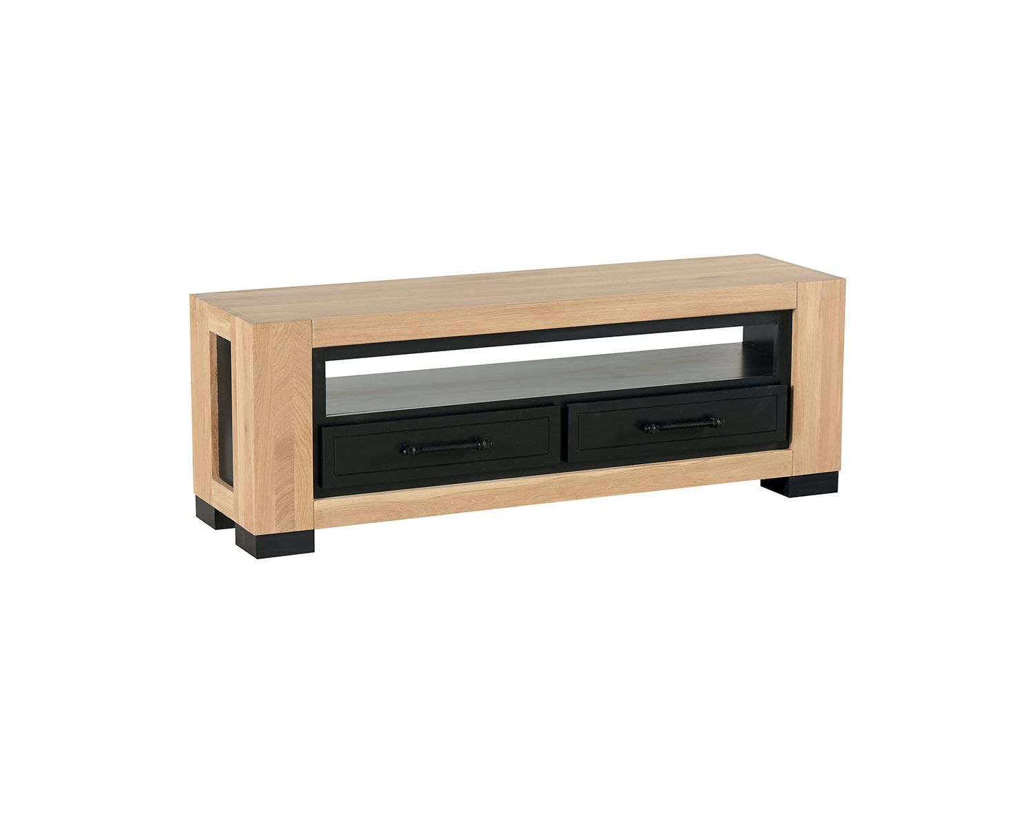 Meuble TV en chêne massif huilé et MDF laqué noir 140 cm "Cleveland"