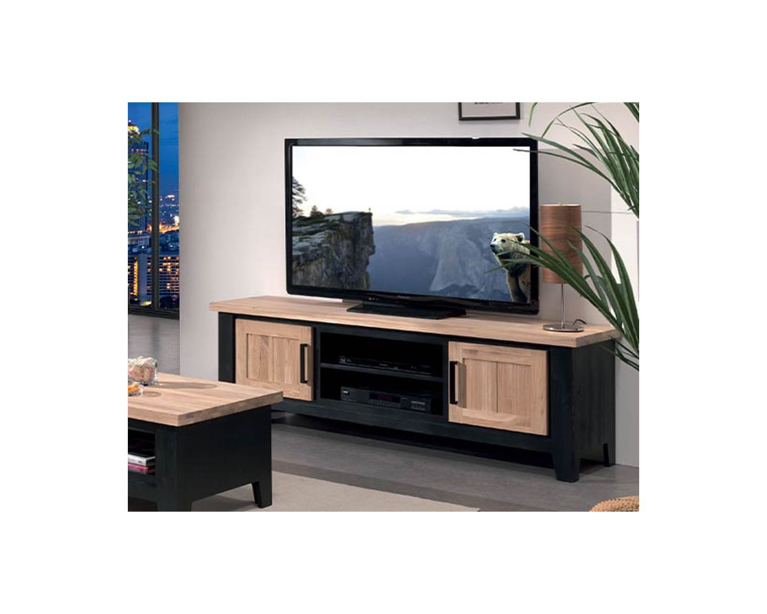 Grand meuble télé 2 portes 2 niches bicolore style loft « Ashland »