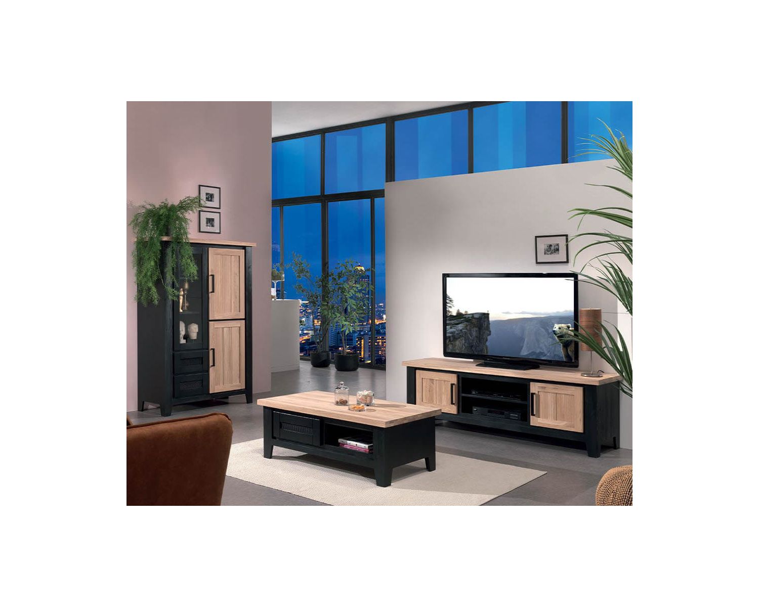 Grand meuble télé 2 portes 2 niches bicolore style loft « Ashland »