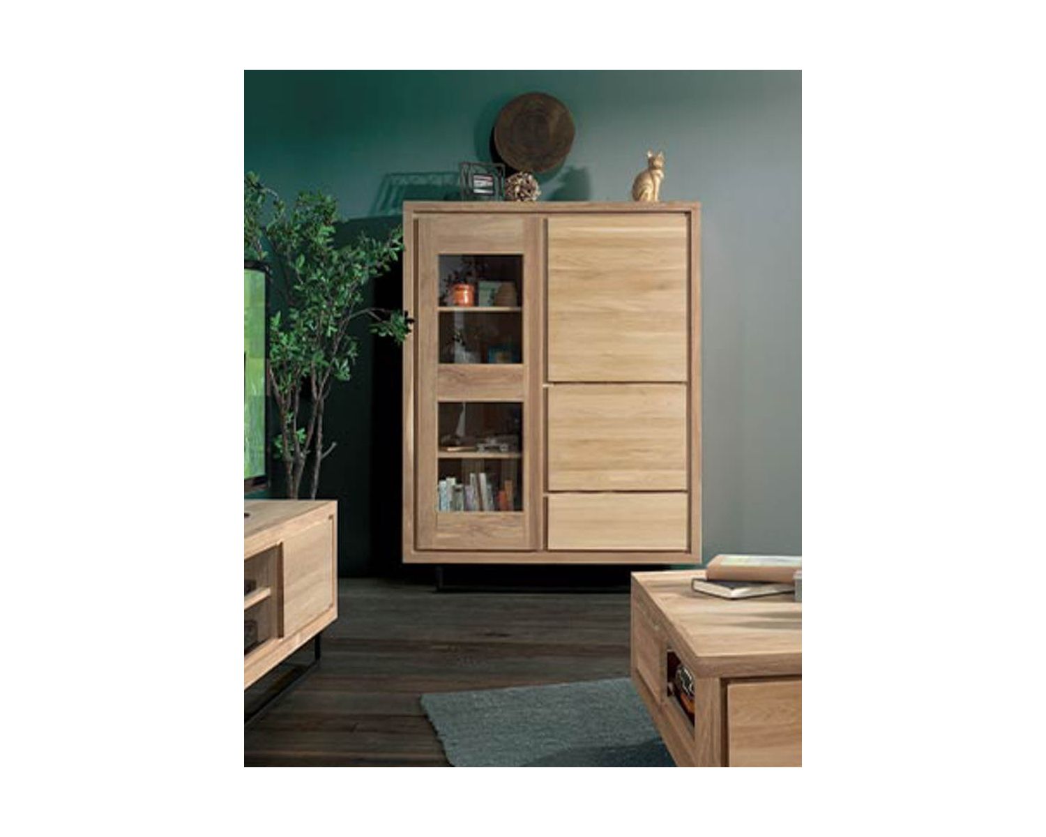 Buffet haut en chêne massif naturel métal noir et verre « Ripley »