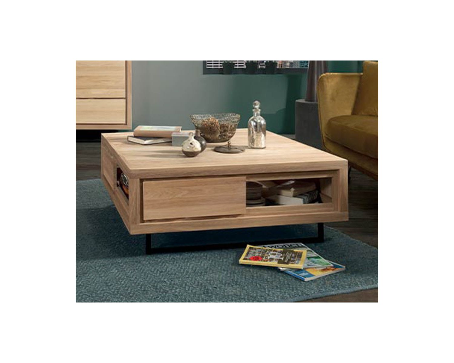 Table basse carrée chêne massif et métal noir « Ripley » 100 x 100cm