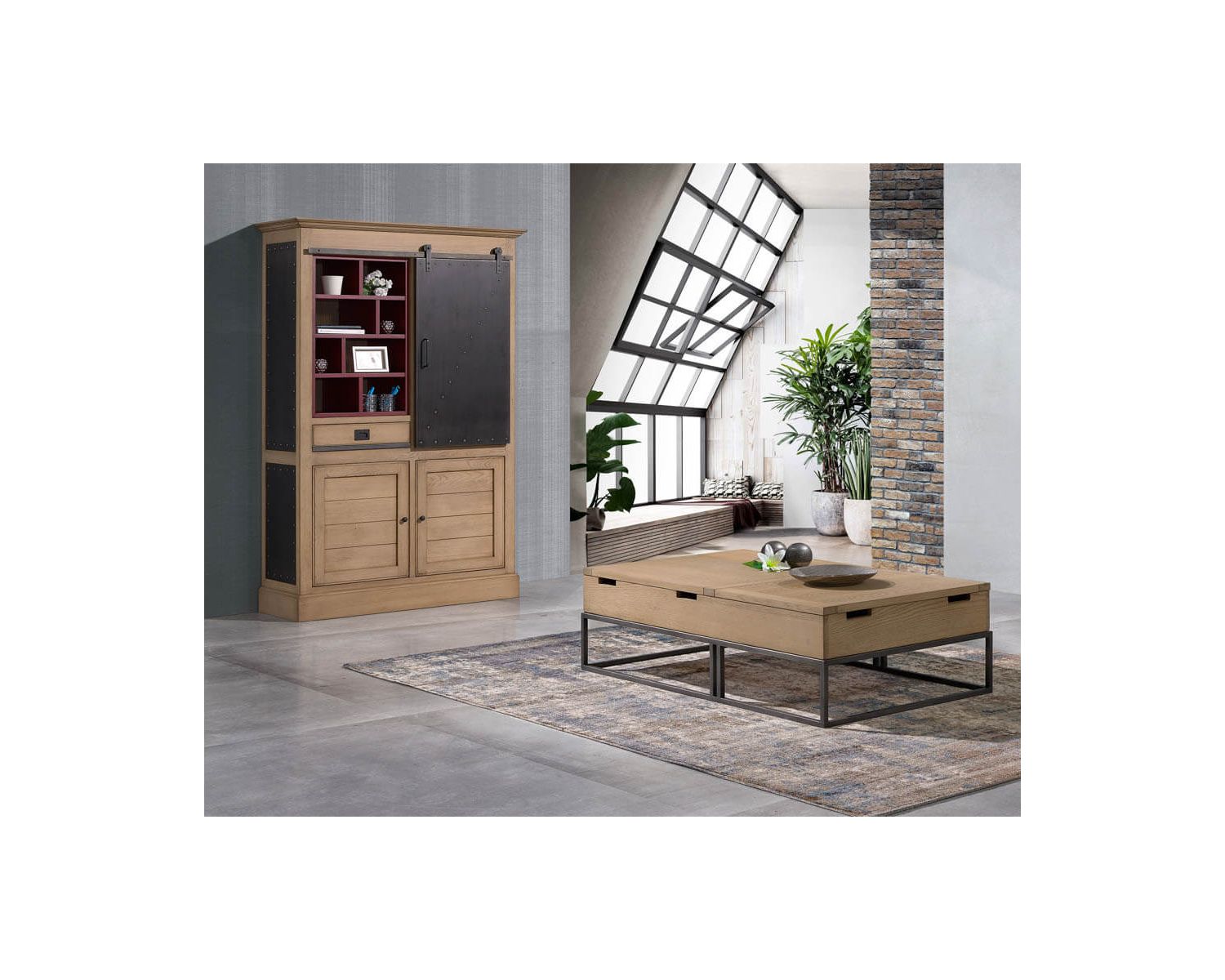 Bibliothèque "San Francisco" style factory métal, bois crème et rouge