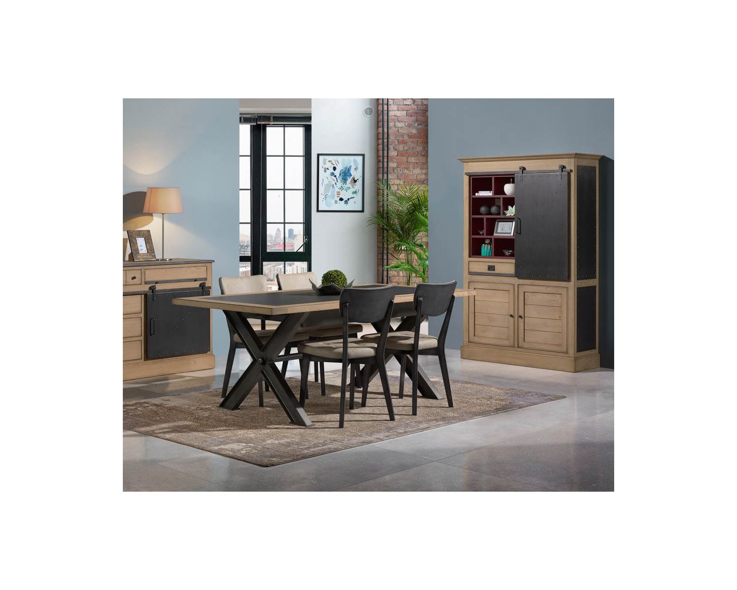 Bibliothèque "San Francisco" style factory métal, bois crème et rouge