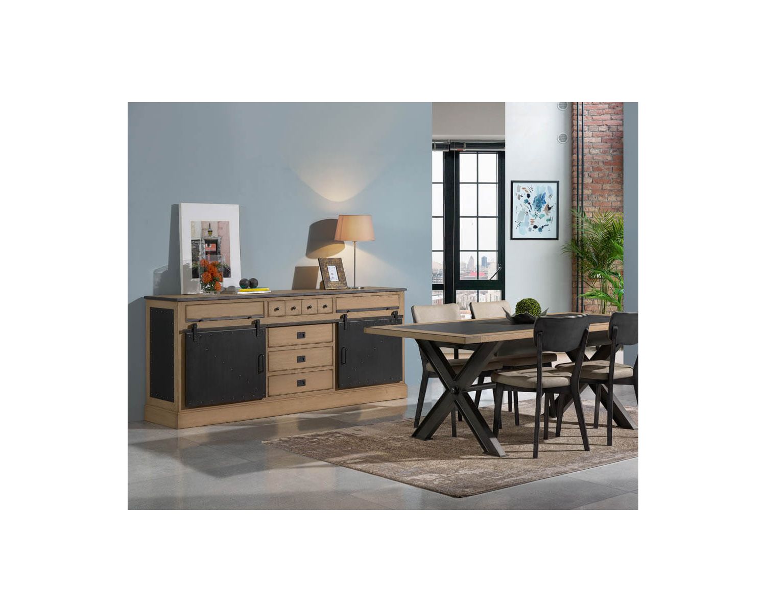 Grand buffet industriel en chêne massif et métal noir "San Francisco"