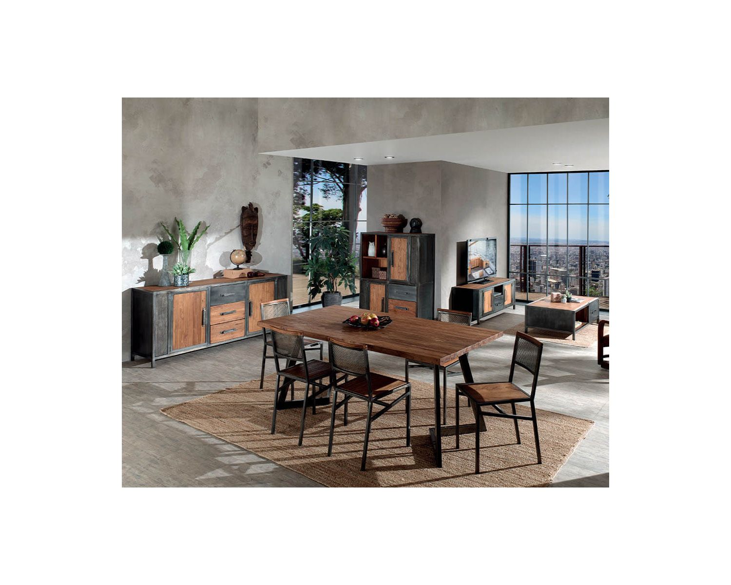 Buffet haut en teck recyclé et fer vieilli style industriel "Talmo"