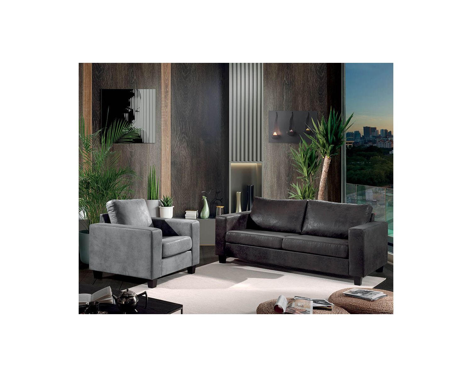 Canapé droit 3 places "Thomson" tissu microfibre gris foncé