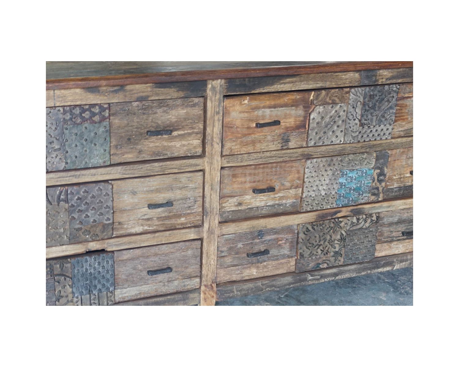 Commode basse apothicaire 195cm "Népalaise" en bois recyclé 6 tiroirs
