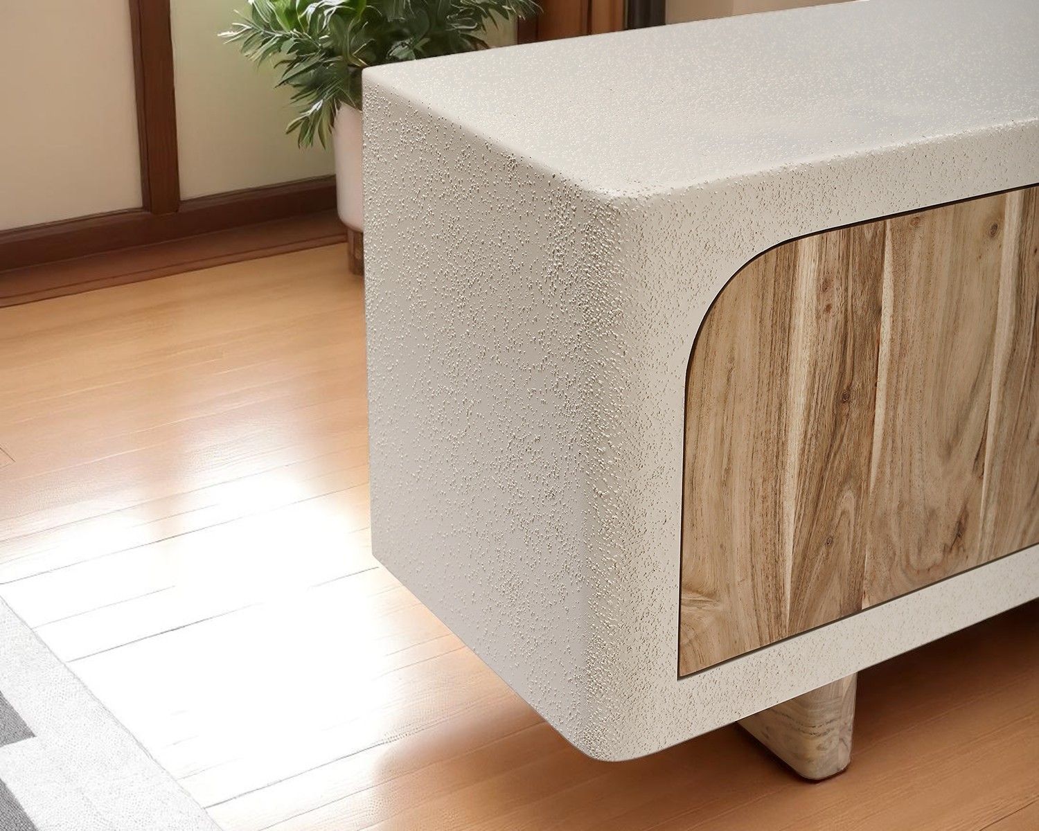 Meuble TV contemporain aspect béton sablé et acacia "Miona"