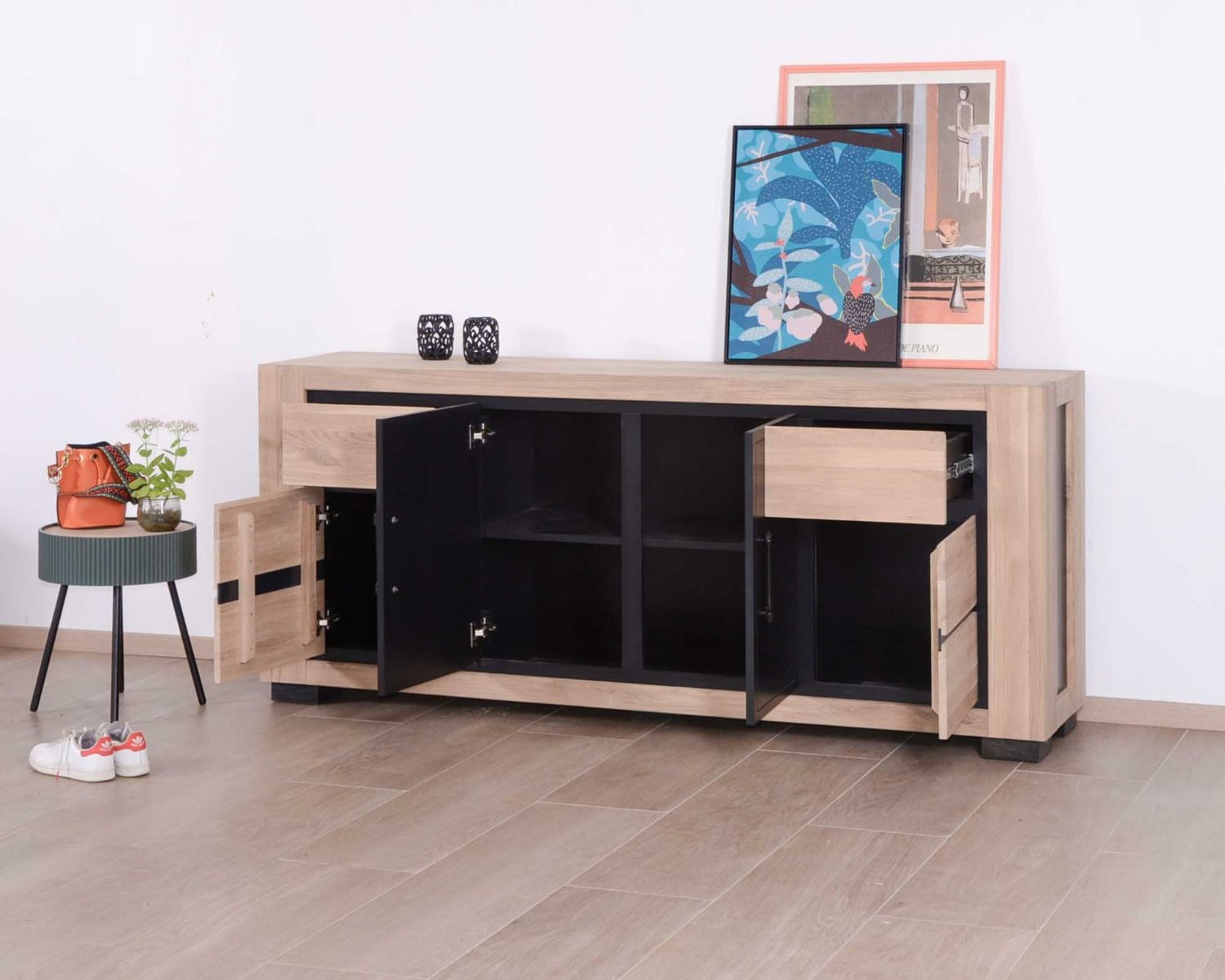 Buffet bas contemporain en chêne massif 4 portes "Cleveland"