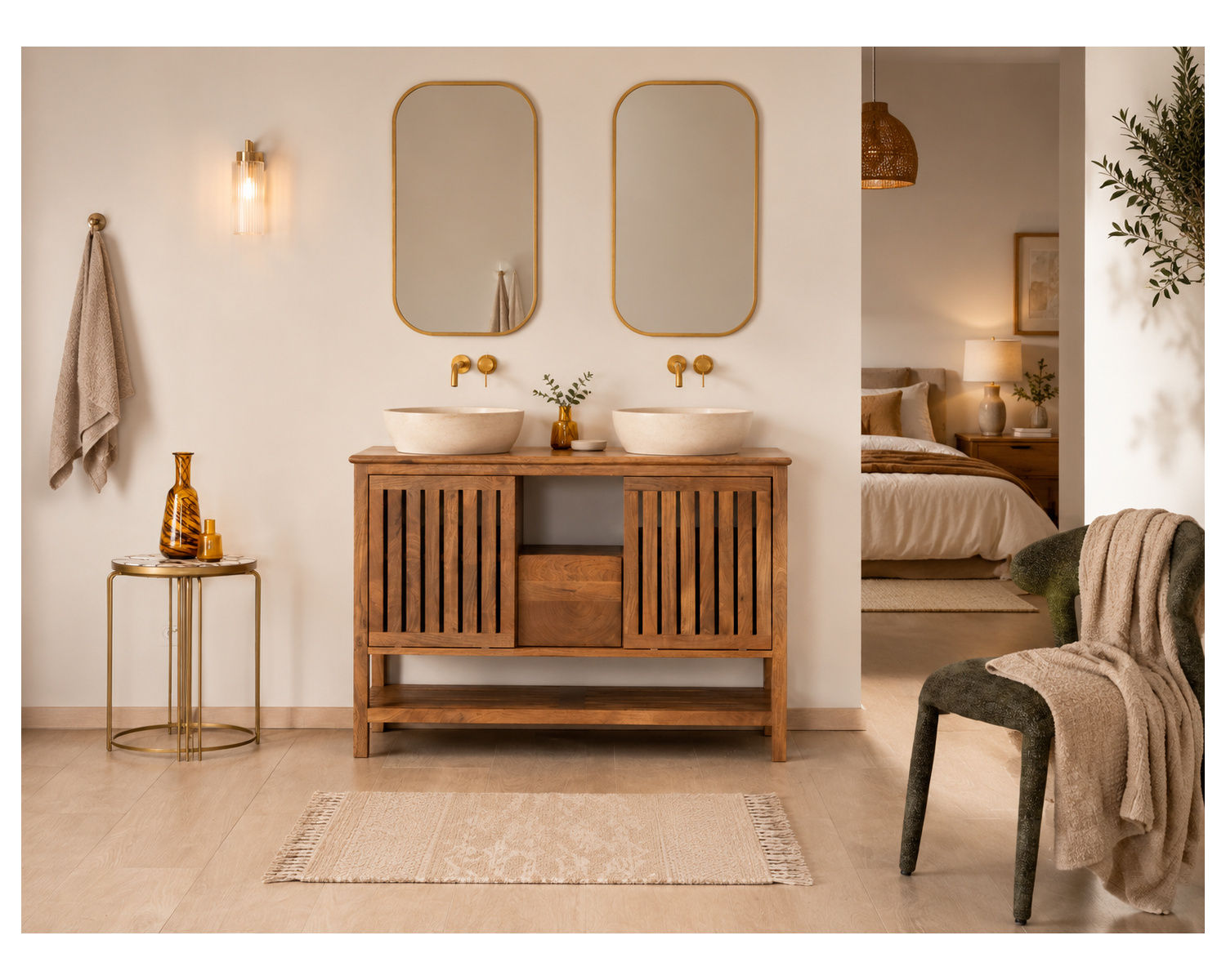 Meuble sous vasque 120 cm avec portes coulissantes "Bulle" en manguier teinte noyer