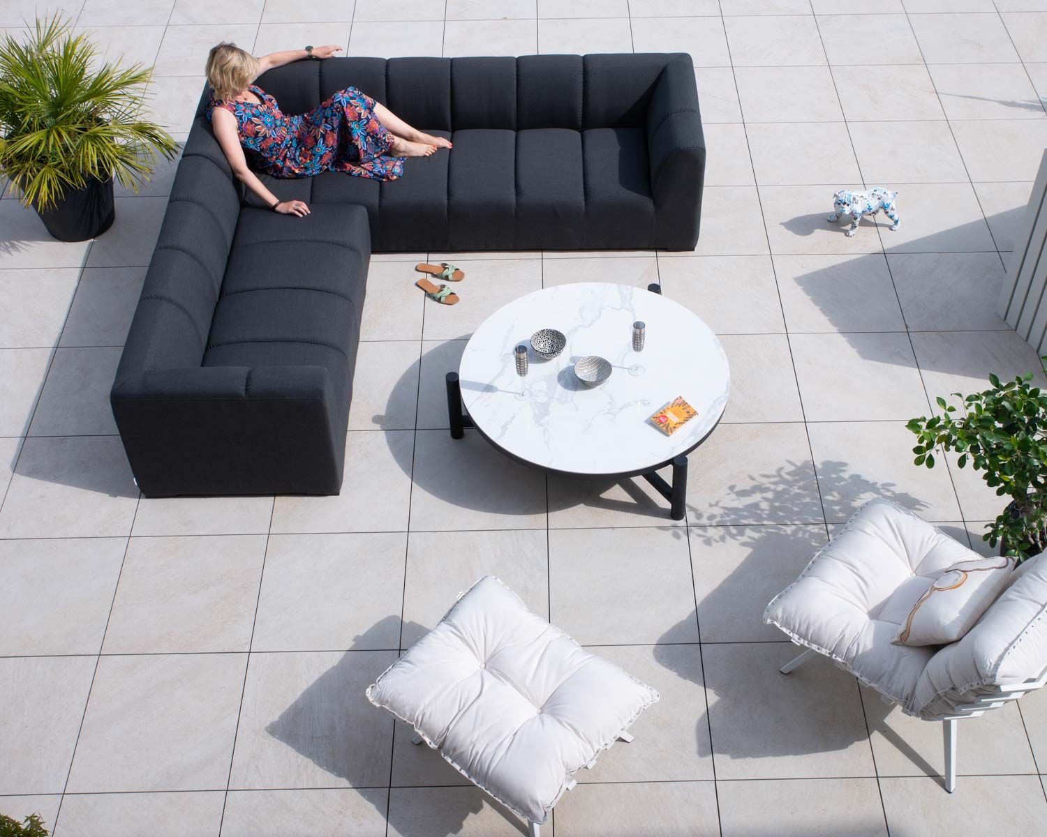 Canapé d'angle spécial extérieur tissu gris foncé haut de gamme "Terrasse"