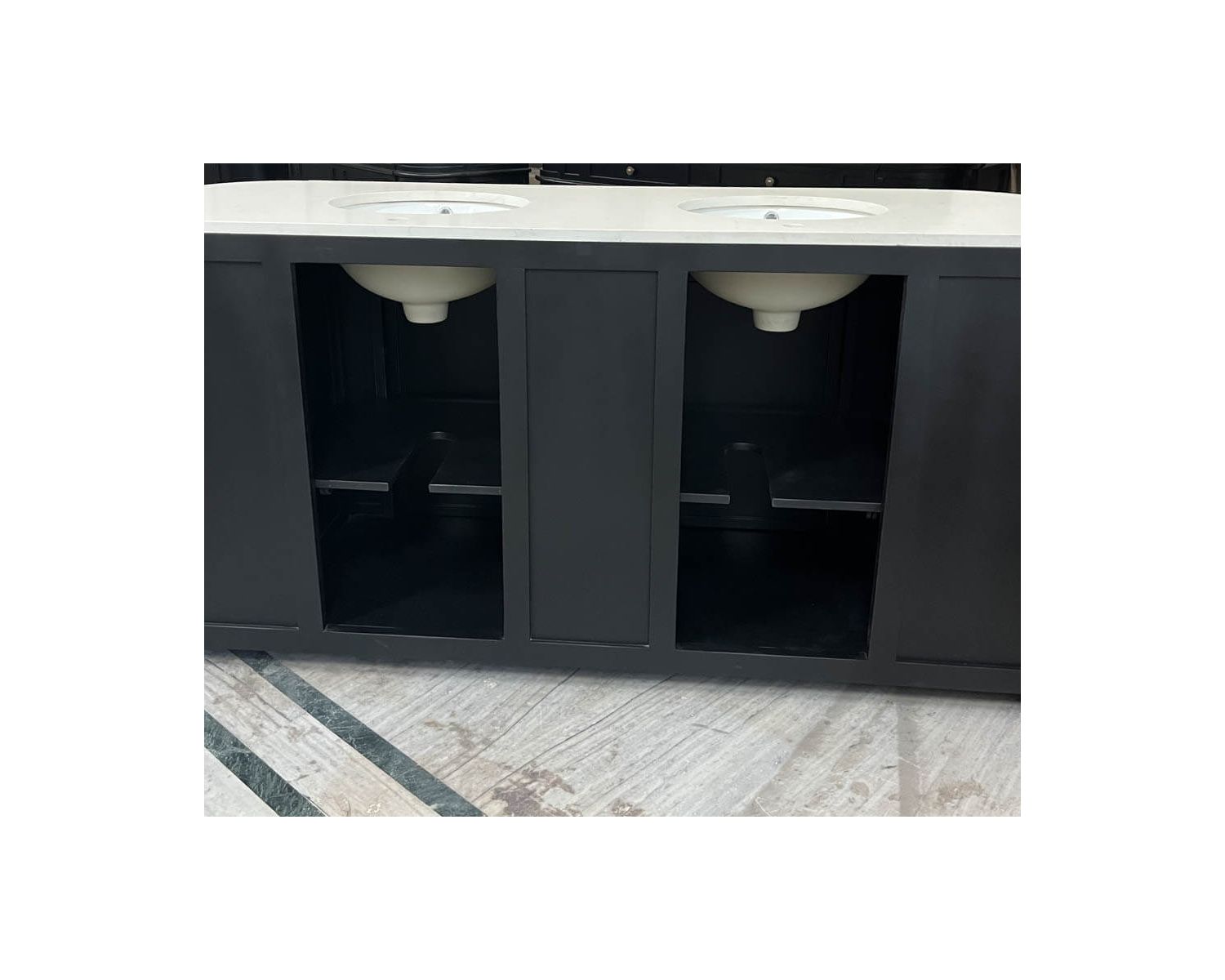 Meuble double vasque coins arrondis bois noir quartz blanc "Églantine"