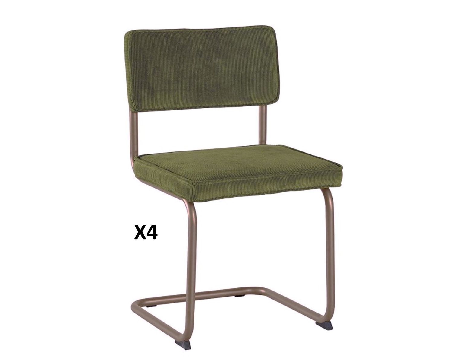 Lot de 4 chaises vintage en tissu vert kaki et métal cuivré "Caractère"