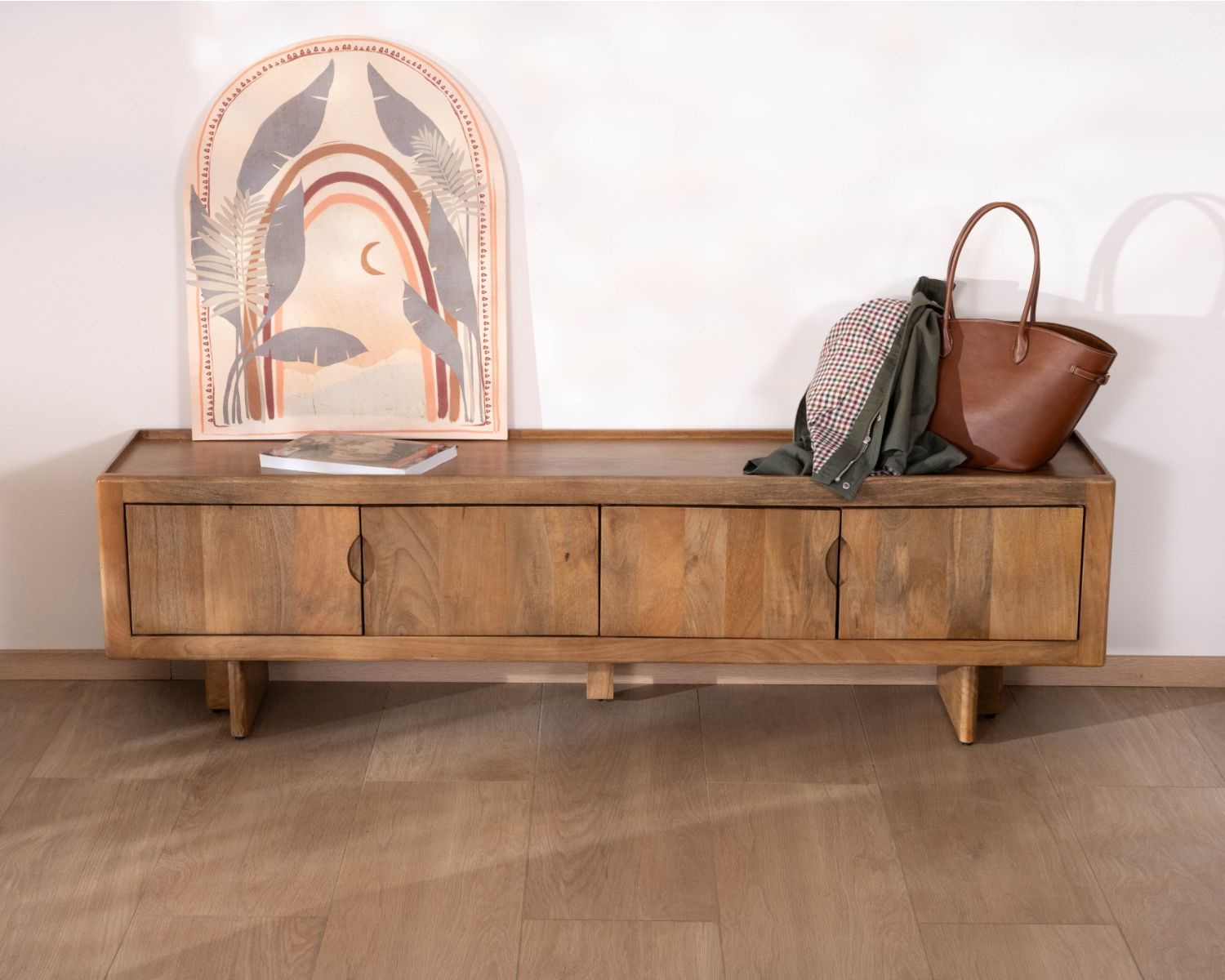 Meuble TV bas 180 cm en manguier naturel "Odely" 4 portes