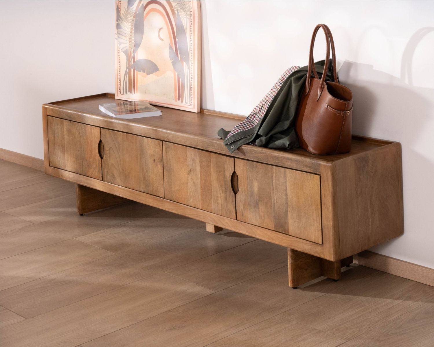 Meuble TV bas 180 cm en manguier naturel "Odely" 4 portes