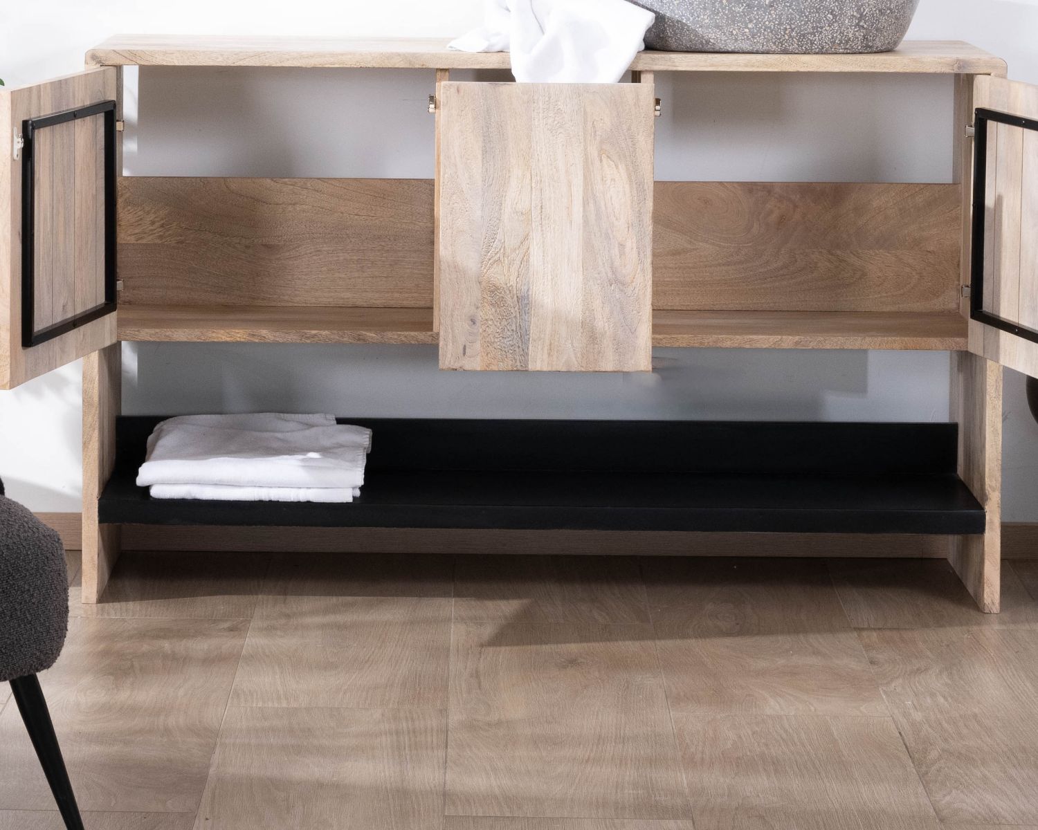 Meuble sous vasque double en bois graphique naturel et noir "Nani" 140 cm