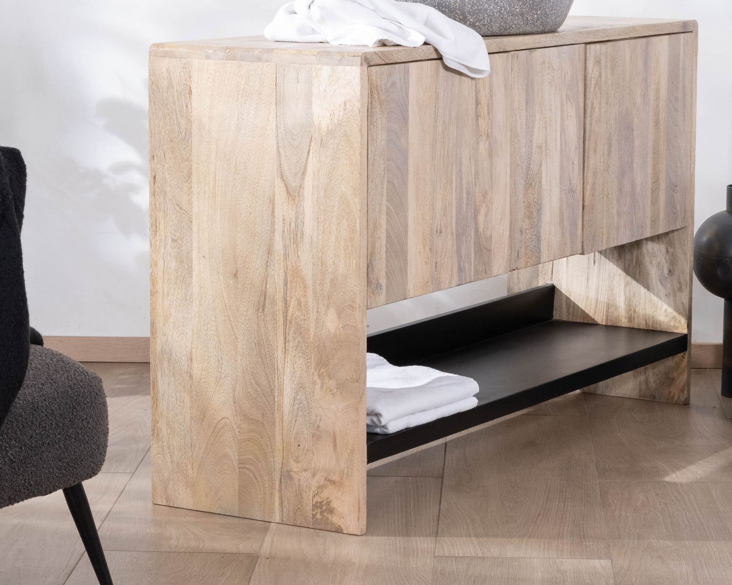 Meuble sous vasque double en bois graphique naturel et noir "Nani" 140 cm