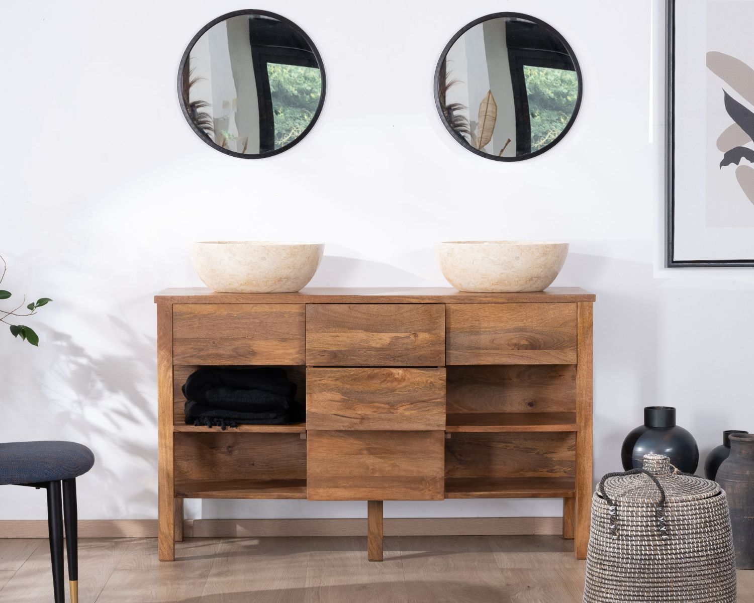 Meuble sous vasque en manguier foncé 120 cm avec niches et tiroirs "Kahiko"