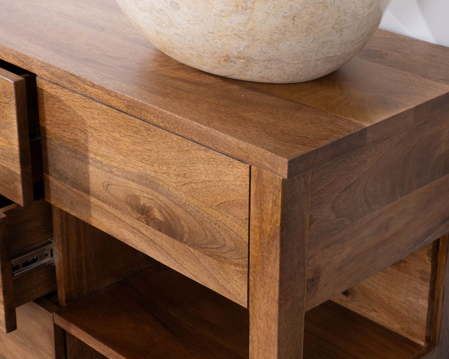 Meuble sous vasque en manguier foncé 120 cm avec niches et tiroirs "Kahiko"