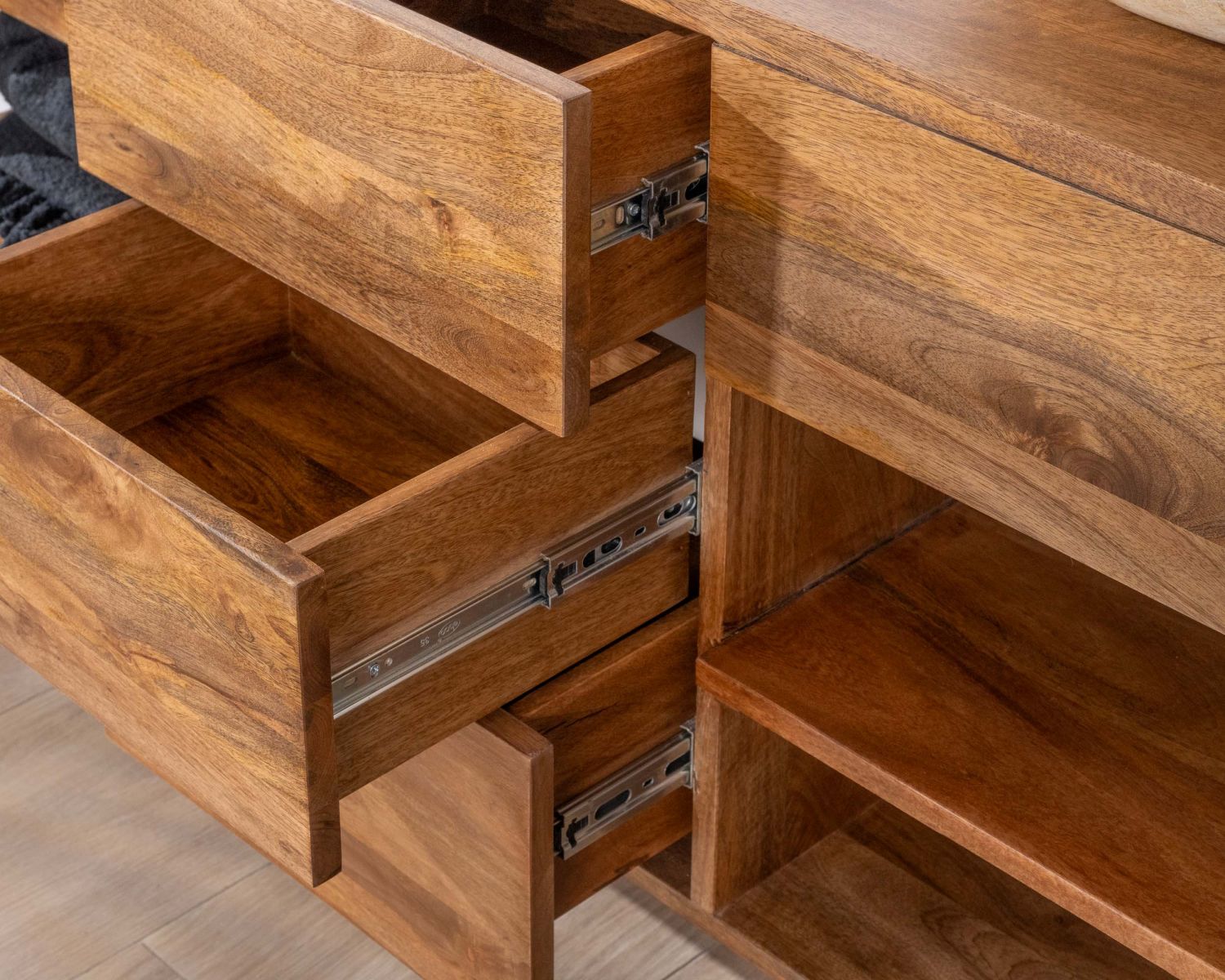 Meuble de salle de bain double en manguier foncé 140 cm avec niches et tiroirs "Kahiko"