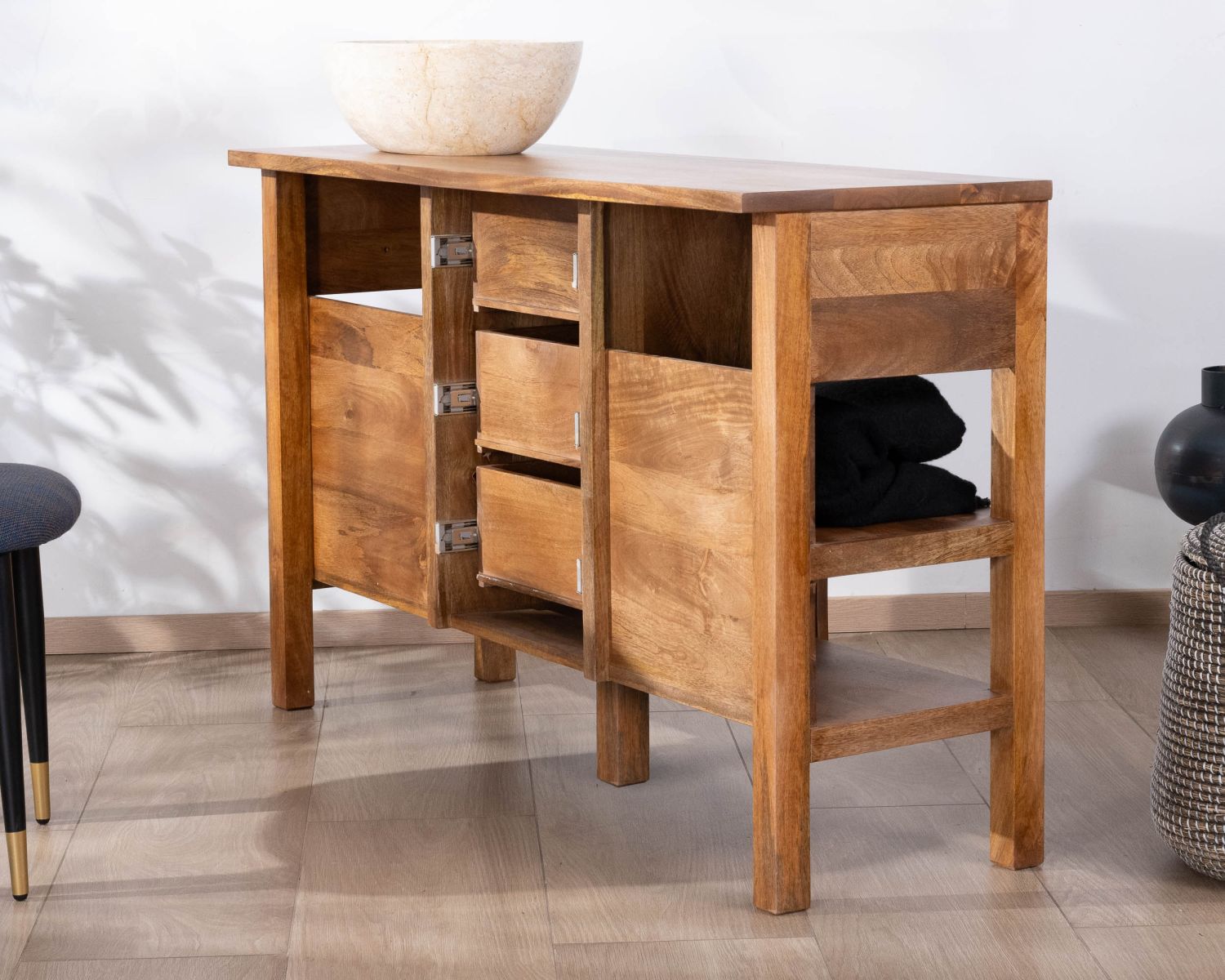 Meuble sous vasque en manguier foncé 120 cm avec niches et tiroirs "Kahiko"