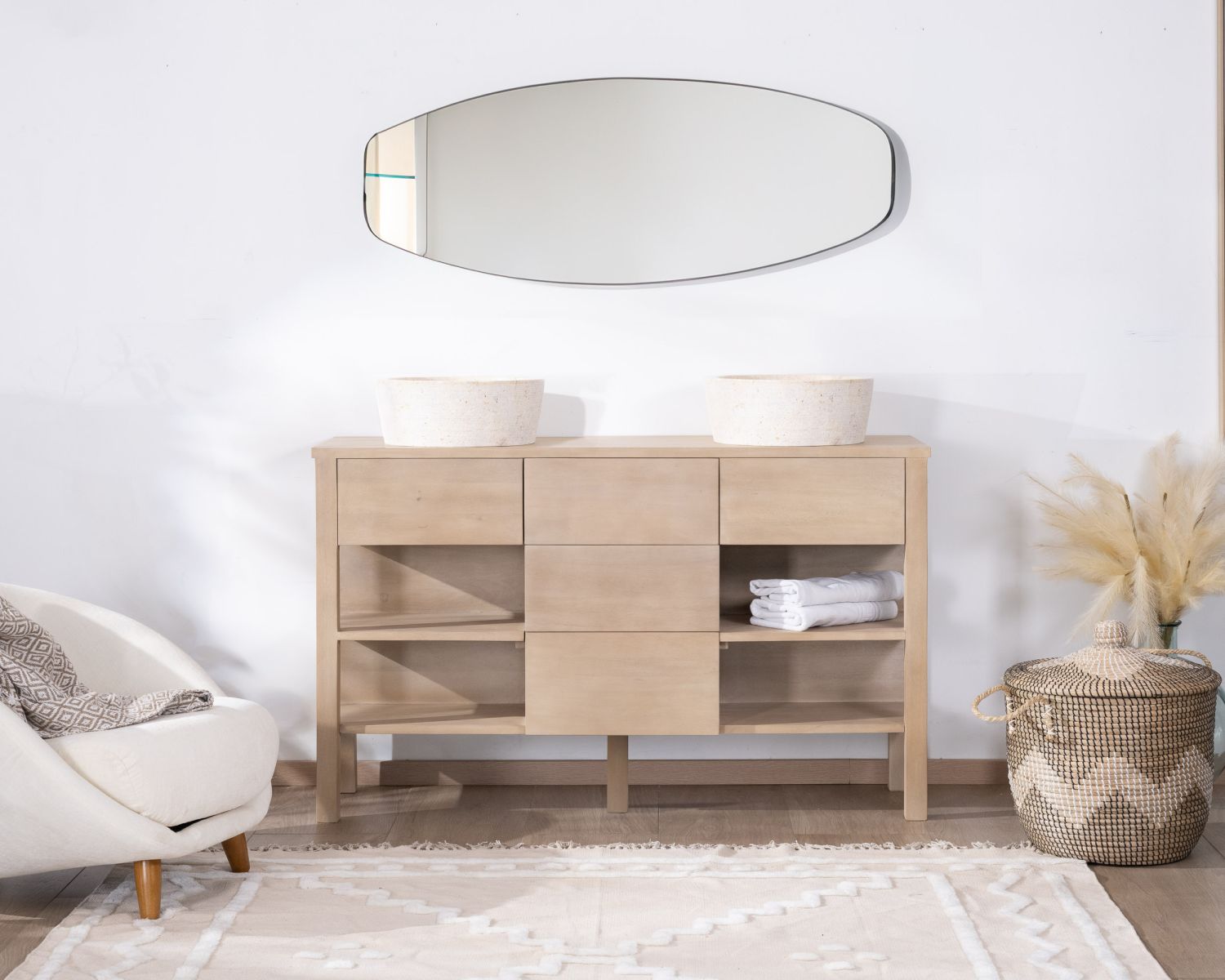 Meuble sous vasque 120 cm en manguier blanchi avec niches et tiroirs "Kahiko"