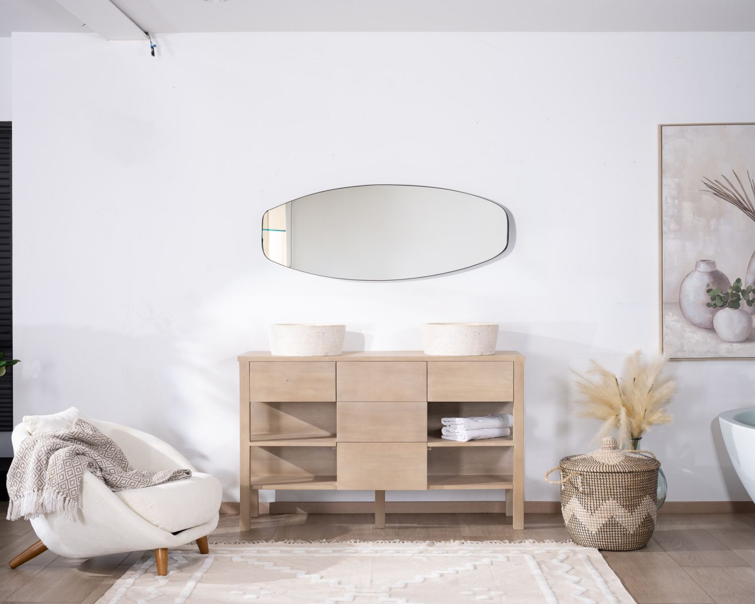 Meuble sous vasque 120 cm en manguier blanchi avec niches et tiroirs "Kahiko"