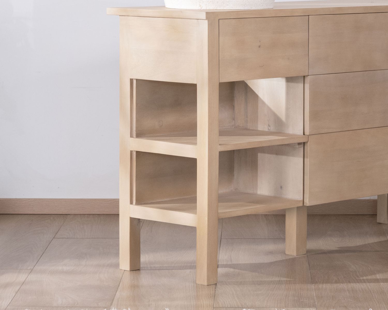 Meuble sous vasque 120 cm en manguier blanchi avec niches et tiroirs "Kahiko"