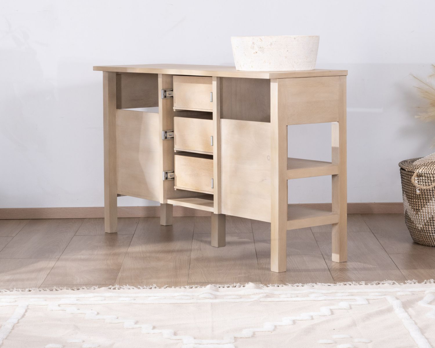 Meuble sous vasque 120 cm en manguier blanchi avec niches et tiroirs "Kahiko"