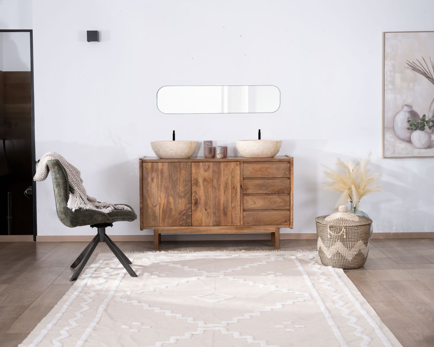 Meuble sous vasque 140 cm en manguier foncé avec portes et tiroirs "Kahiko"