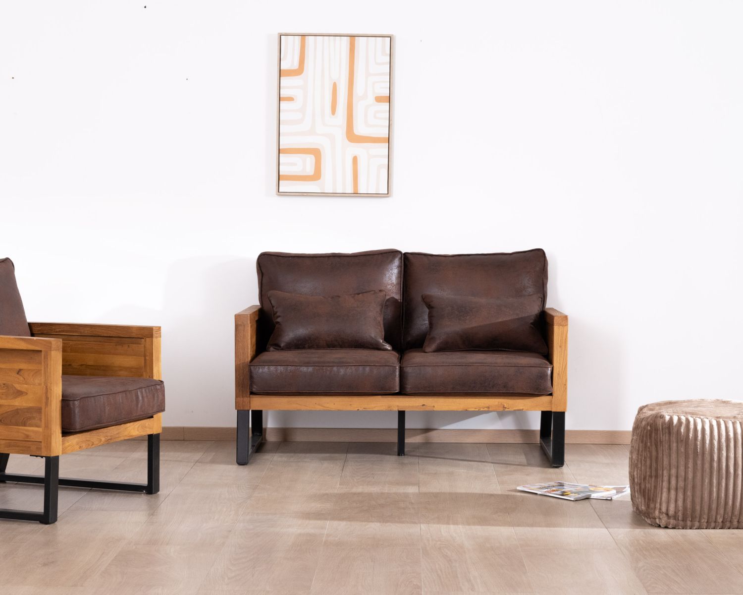 Canapé 2 places bois de teck et tissu imitation cuir havane "Roster"