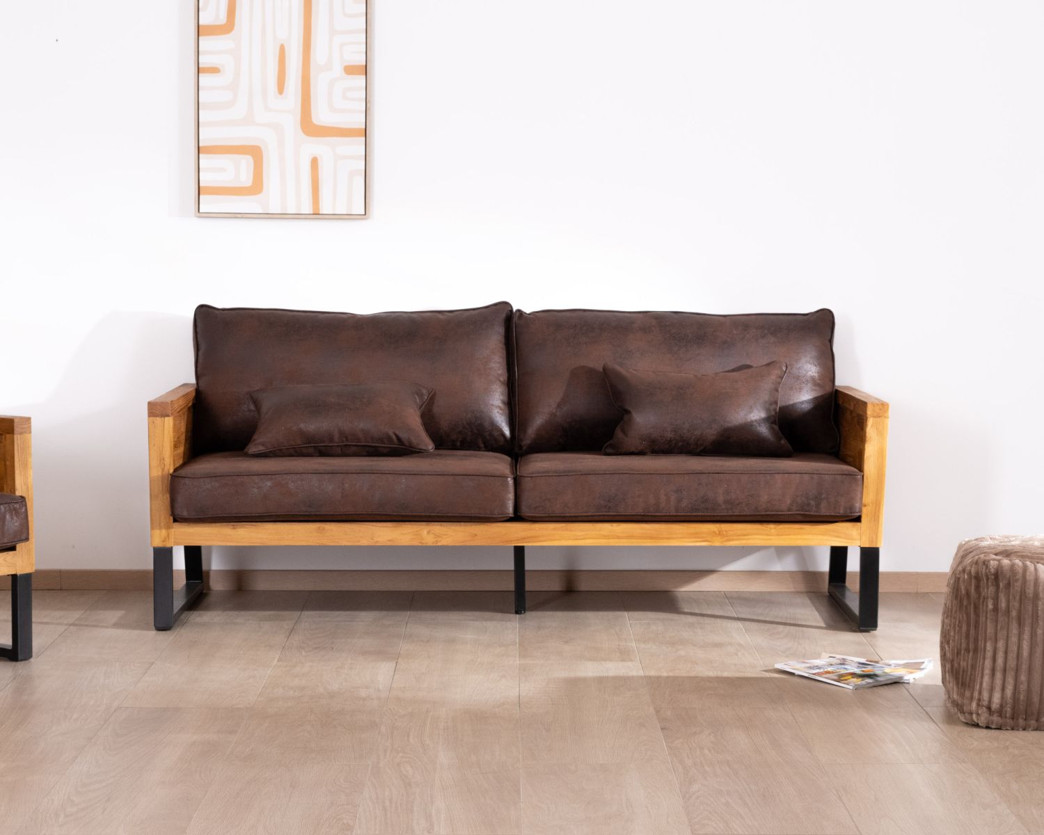 Canapé 3 personnes style club teck et tissu 192 cm "Roster"