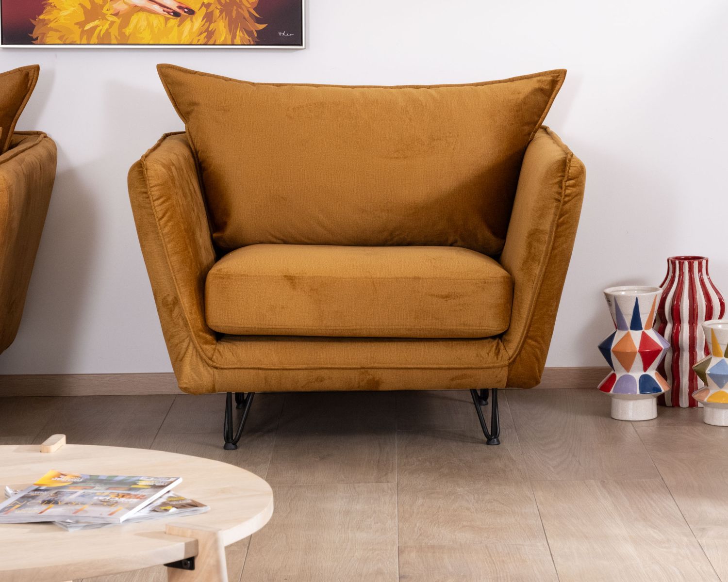 Fauteuil vintage ocre en tissu et métal ultra confort "Hasting"