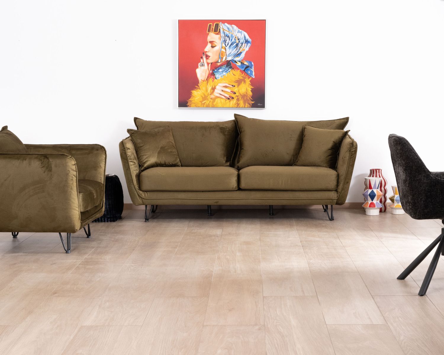 Canapé ultra confort 3 places tissu doux kaki et pieds métal "Hasting"