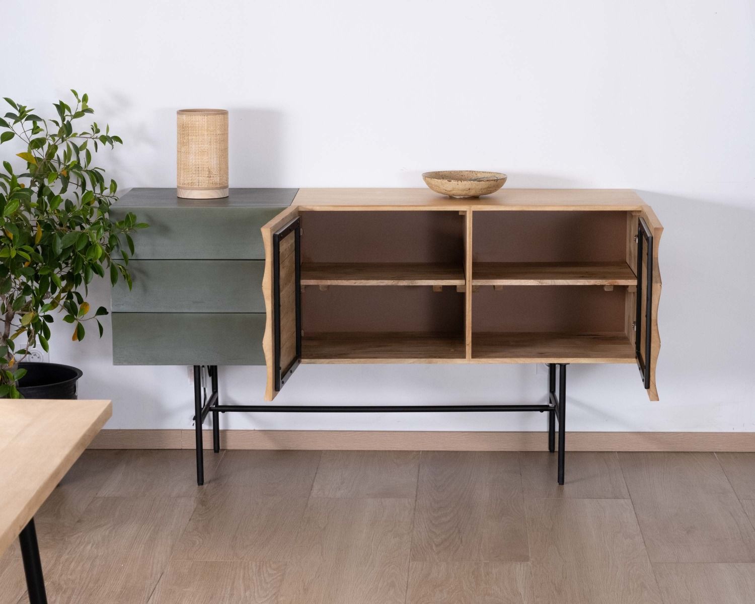 Buffet 3 portes japandi bicolore bois et métal "Elegancy" 150 cm