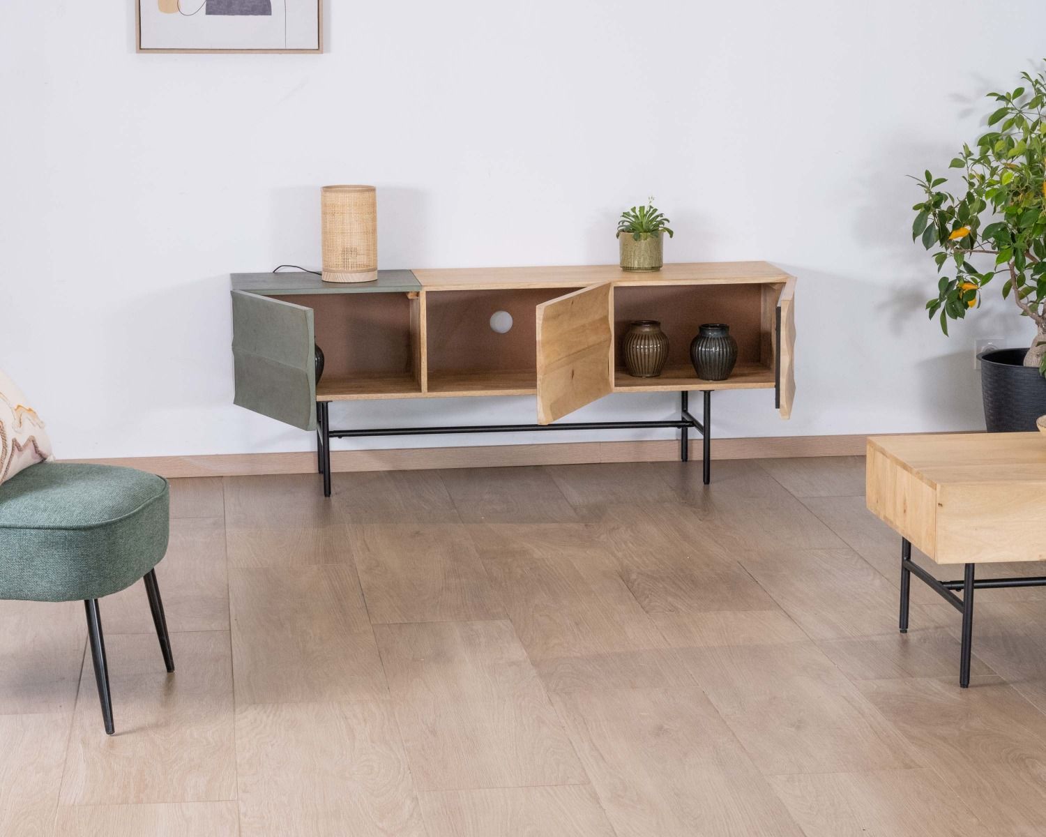 Meuble télé design métal noir bois bicolore "Elegancy" 150 cm