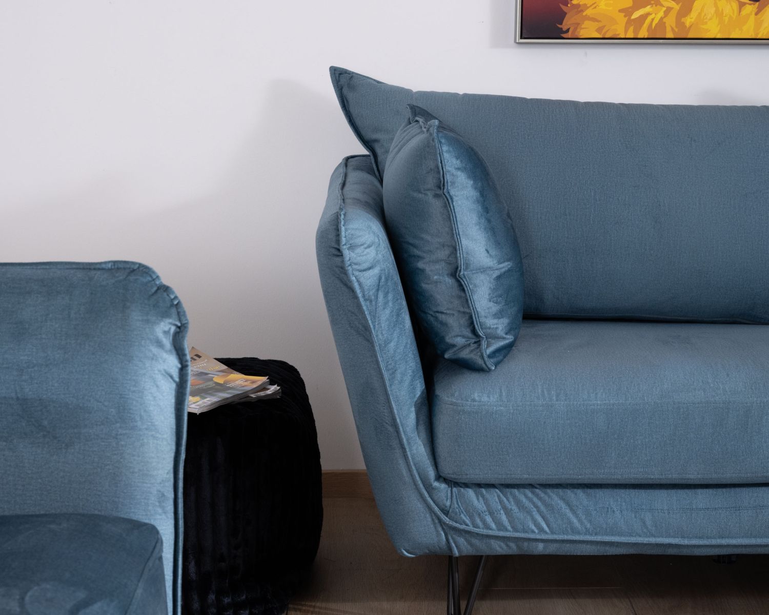 Canapé bleu 3 places bleu design vintage tissu et métal "Hasting"