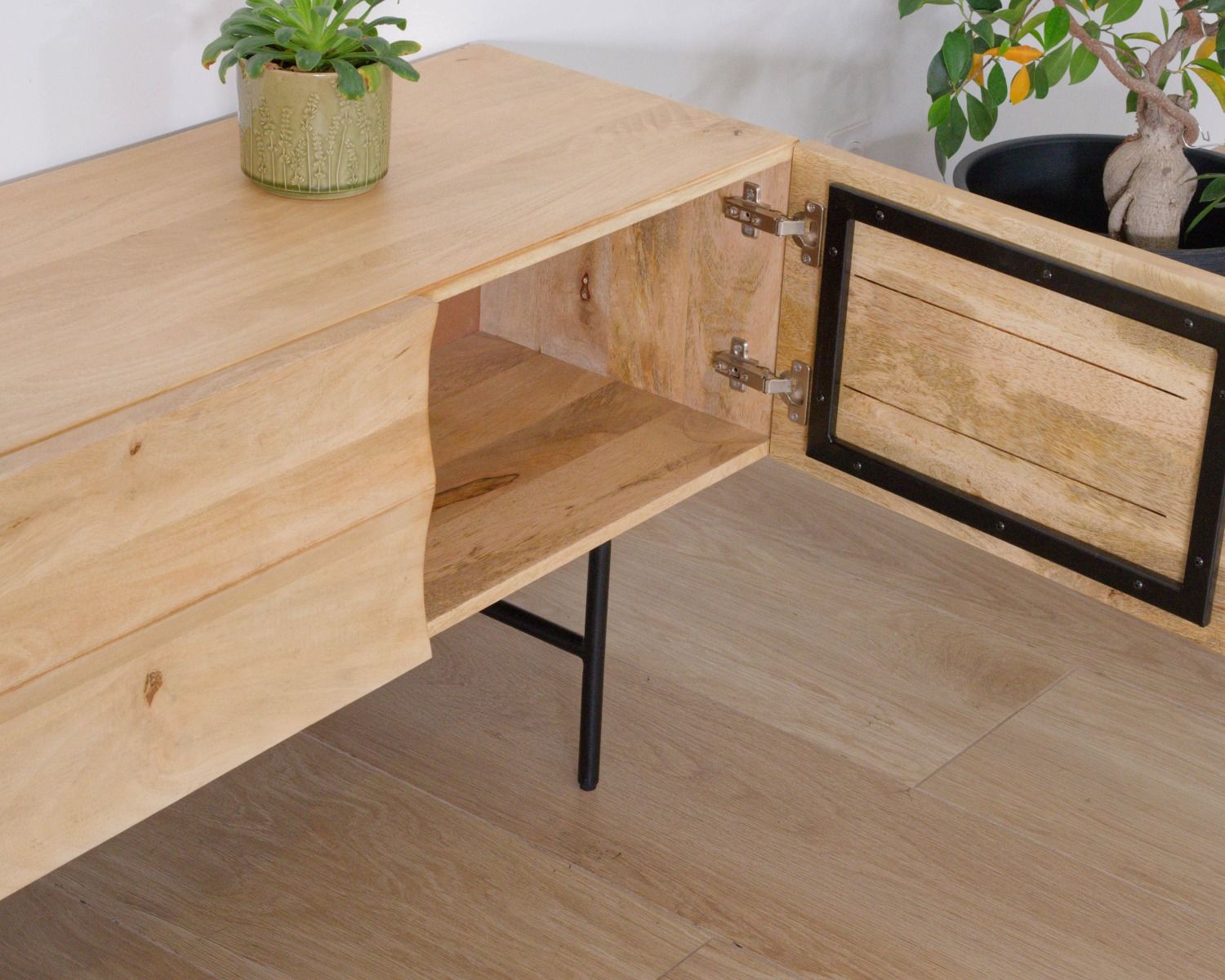 Meuble télé design métal noir bois bicolore "Elegancy" 150 cm