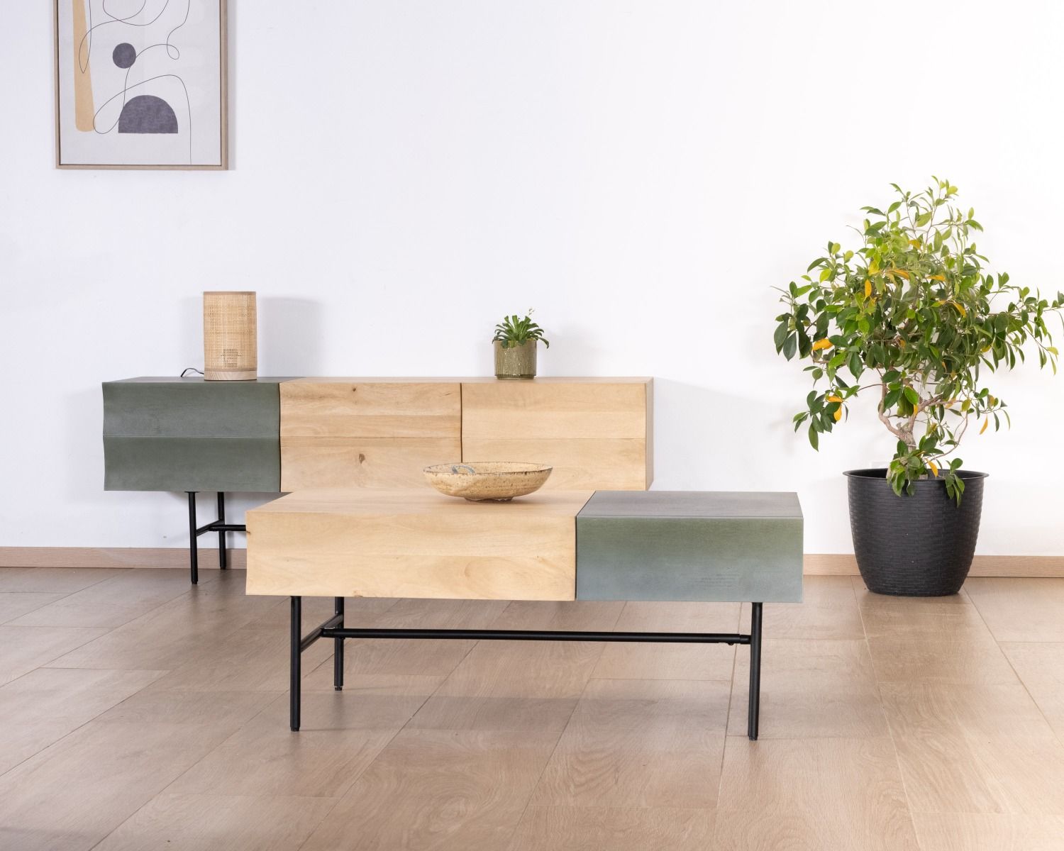 Meuble télé design métal noir bois bicolore "Elegancy" 150 cm